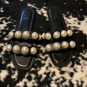 Leather Slide Sandals with Oversized Pearl Straps